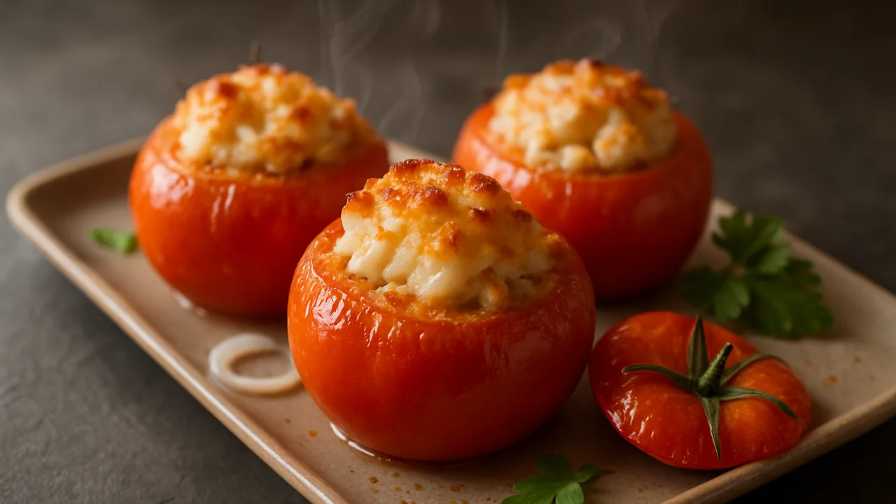 Gefüllte Tomaten mit Kabeljau aus dem Airfryer mit große Tomaten und Kabeljaufilet, auf dunklem Schiefer angerichtet.