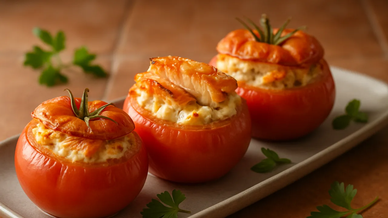 Gefüllte Tomaten mit Lachs aus dem Airfryer mit Große Tomaten und Lachsfilet, auf Terracotta-Fliesen angerichtet.