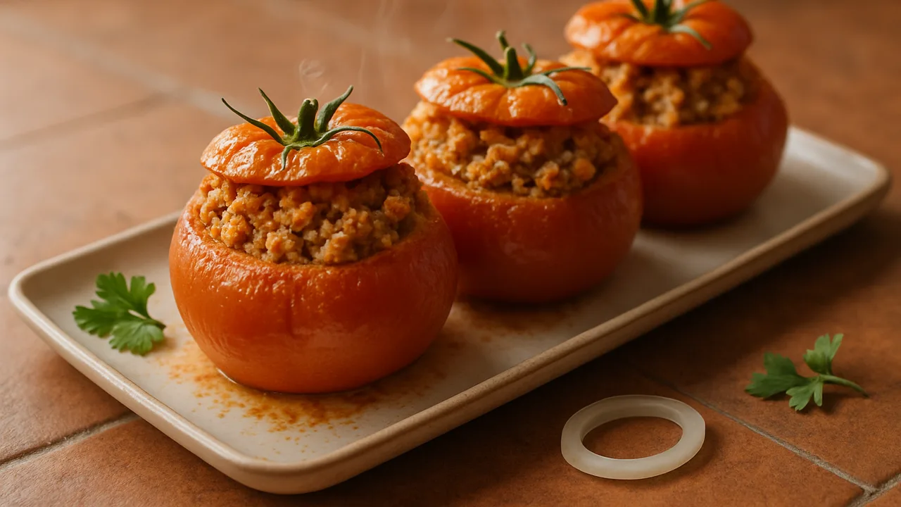 Gefüllte Tomaten mit Putenbrust aus dem Airfryer mit große Fleischtomaten und Putenhackfleisch, auf Terracotta-Fliesen …