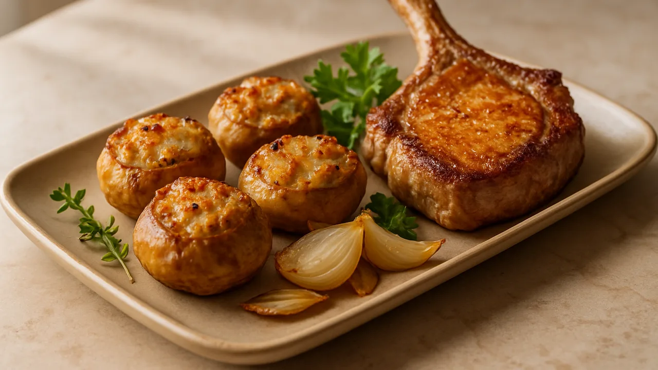 Gefüllte Topinambur mit Schweinekotelett aus dem Airfryer mit Topinambur und Schweinekotelett, auf beigem Marmor angerichtet.