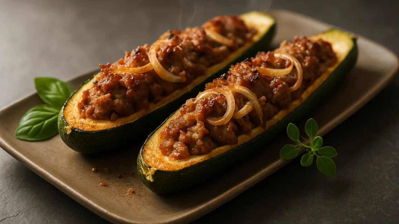 Gefüllte Zucchini mit Bratwurst aus dem Airfryer mit Zucchini und Bratwurst, auf dunklem Schiefer angerichtet.