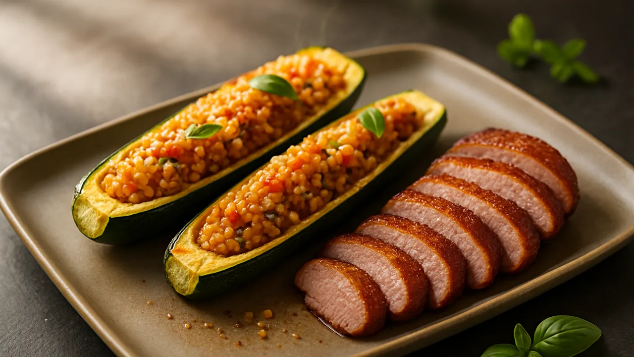 Gefüllte Zucchini mit Entenbrust aus dem Airfryer mit Zucchini und Entenbrustfilet, auf dunklem Schiefer angerichtet.