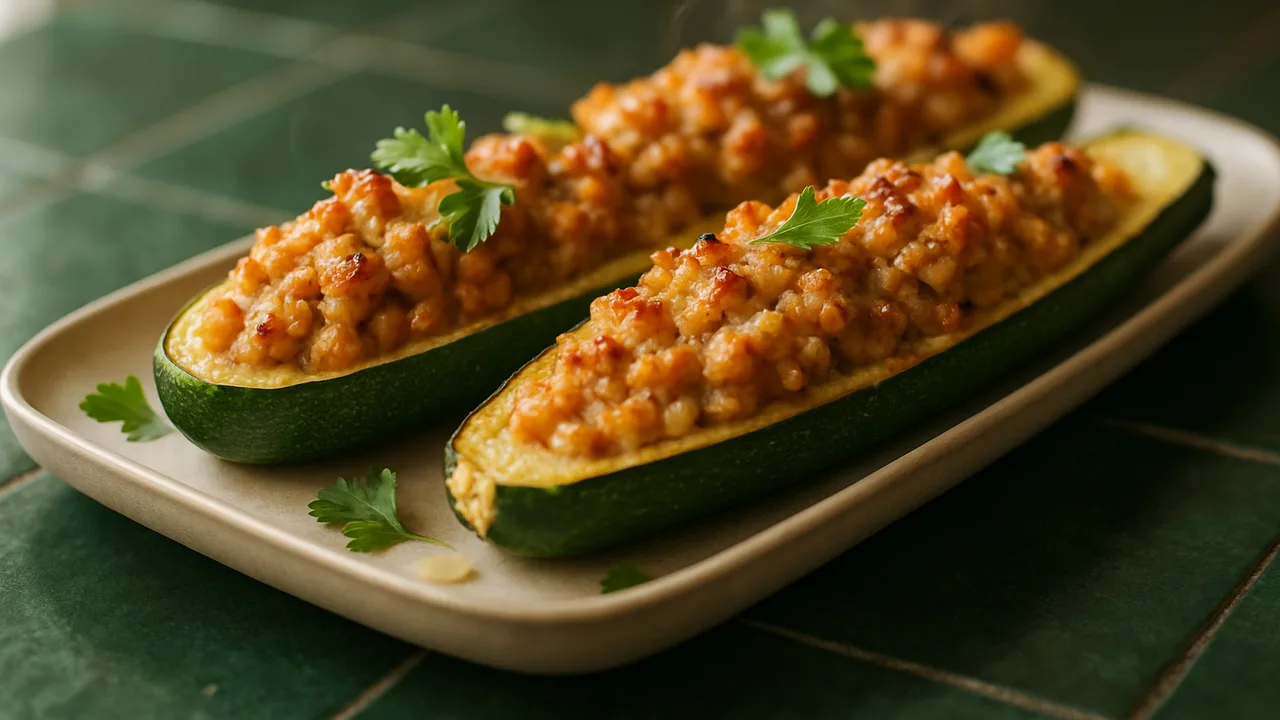 Gefüllte Zucchini mit Geflügelhackfleisch aus dem Airfryer mit Zucchini und Geflügelhackfleisch, auf dunkelgrünen Fliesen …