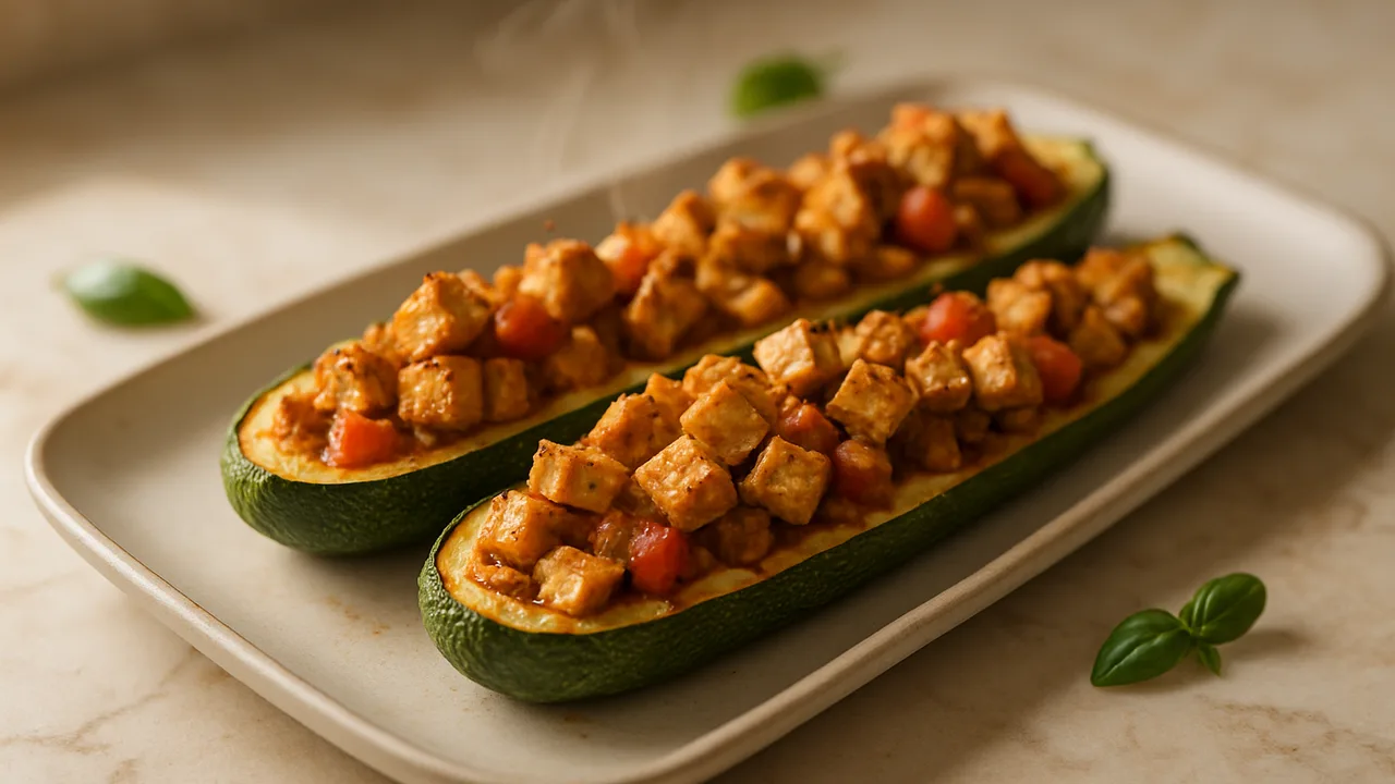 Gefüllte Zucchini mit Tofu aus dem Airfryer mit Zucchini und Tofu, auf beigem Marmor angerichtet.