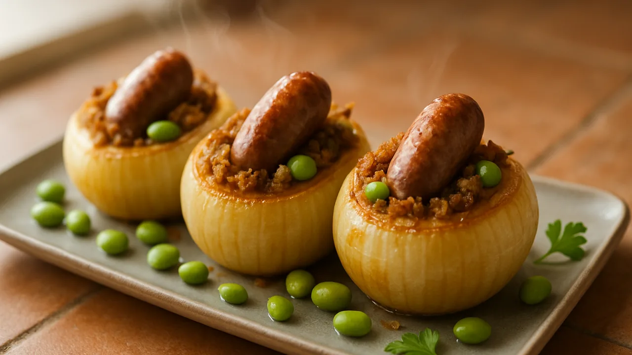 Gefüllte Zwiebel mit Bratwurst aus dem Airfryer mit große Zwiebeln und Bratwürste, auf Terracotta-Fliesen angerichtet.