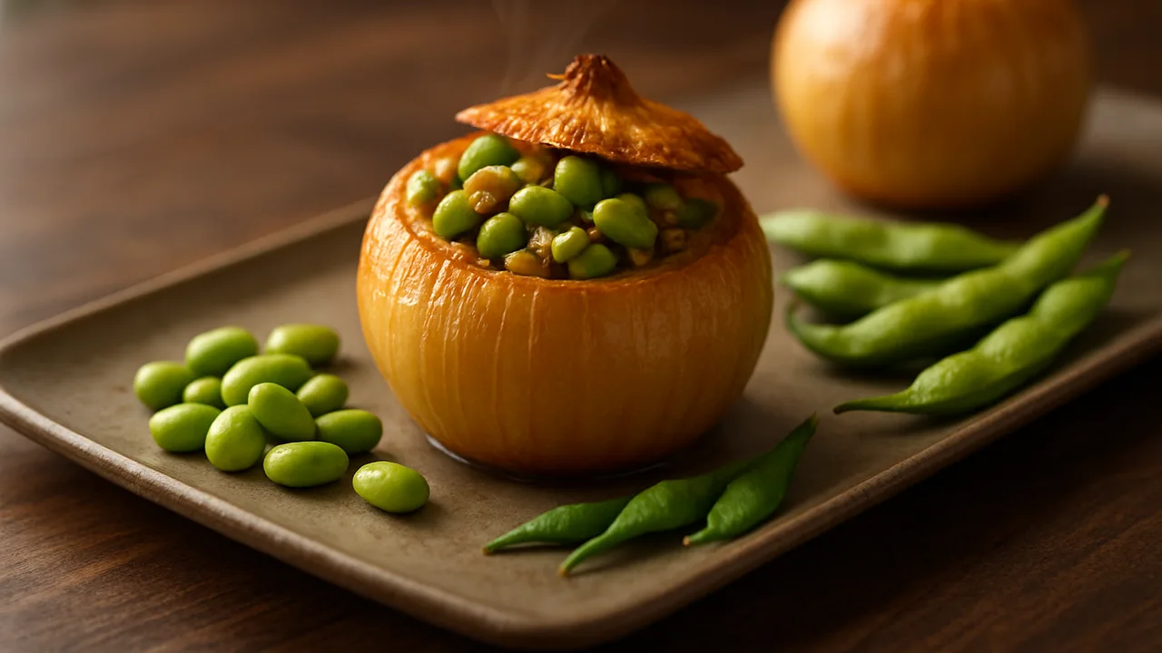 Gefüllte Zwiebel mit Edamame aus dem Airfryer mit große Zwiebeln und Edamame, geschält, auf dunklem Walnussholz angerichtet.