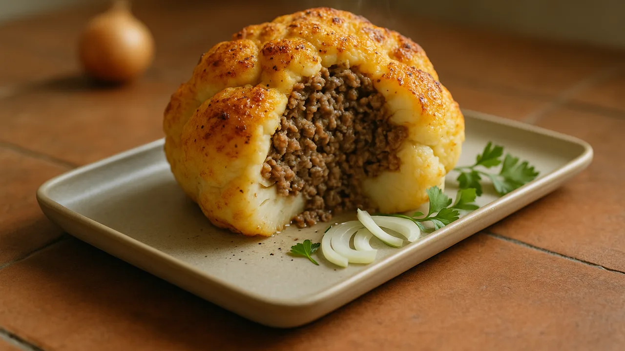 Gefüllter Blumenkohl mit Rinderhackfleisch aus dem Airfryer mit Blumenkohl (ganzer Kopf, ca. 800 g) und Rinderhackfleisch, …