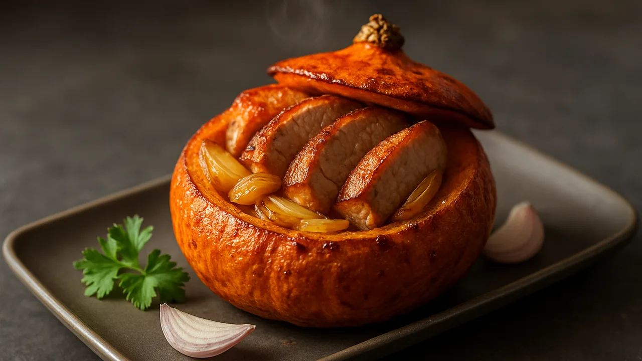 Gefüllter Kürbis mit Schweinefilet aus dem Airfryer mit Hokkaido-Kürbis und Schweinefilet, auf dunklem Schiefer angerichtet.