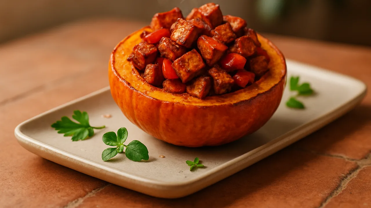 Gefüllter Kürbis mit BBQ-Tofu aus dem Airfryer mit Hokkaido-Kürbis und Tofu, auf Terracotta-Fliesen angerichtet.
