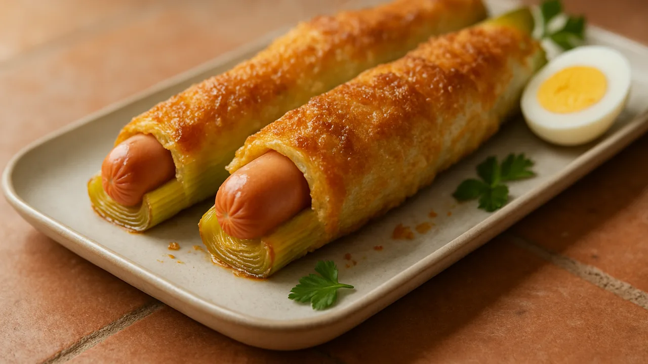 Gefüllter Lauch mit Wiener Würstchen aus dem Airfryer mit Lauchstangen und Wiener Würstchen, auf Terracotta-Fliesen …