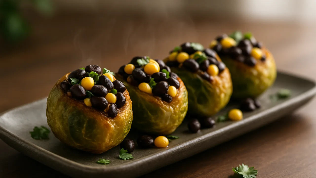 Gefüllter Rosenkohl mit schwarzen Bohnen aus dem Airfryer mit Rosenkohl und Schwarze Bohnen, auf dunklem Walnussholz …