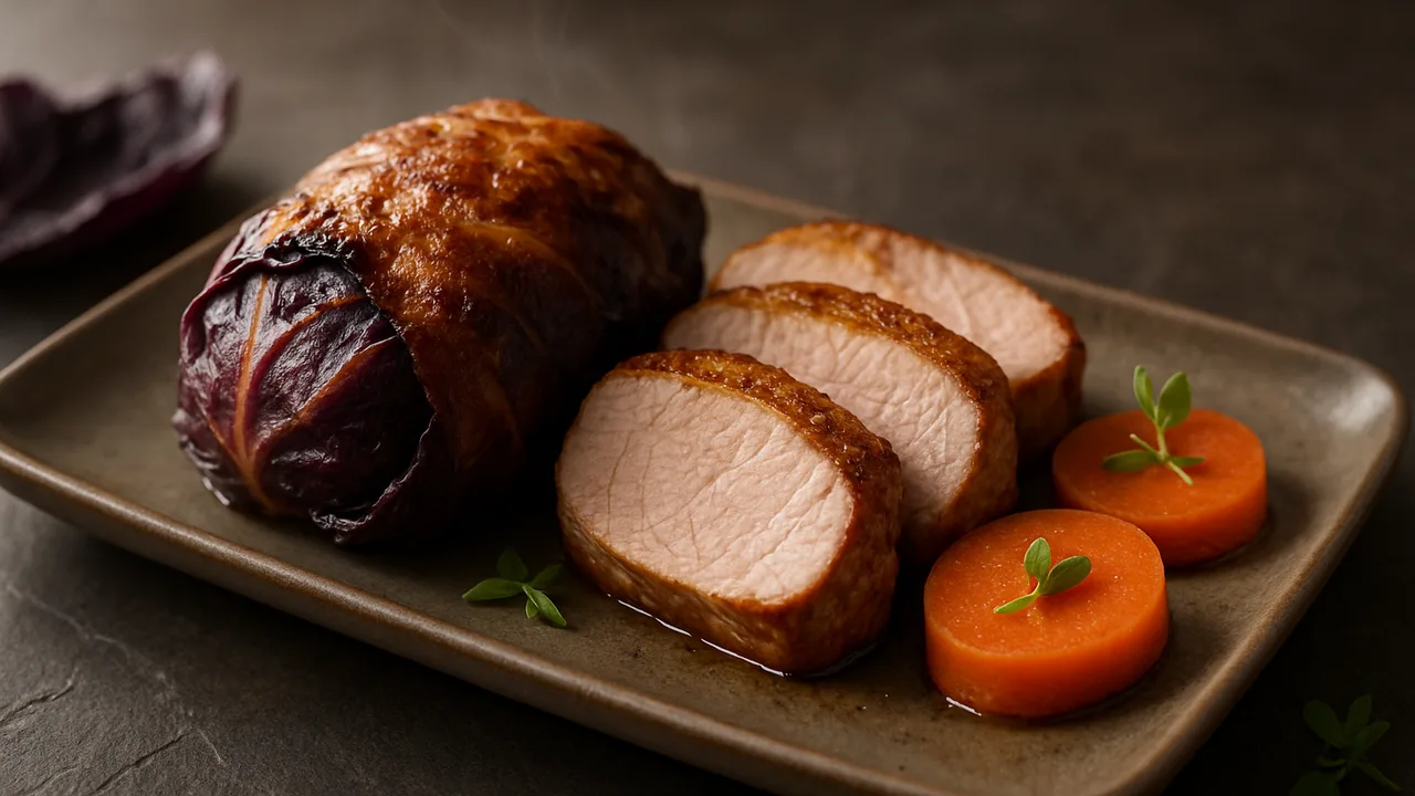 Gefüllter Rotkohl mit Schweinefilet aus dem Airfryer mit große Rotkohlblätter und Schweinefilet, auf dunklem Schiefer …