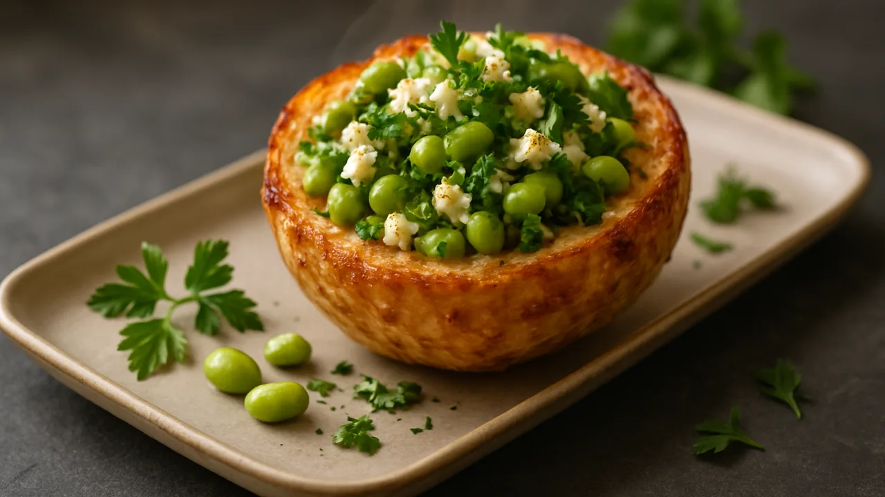 Gefüllter Sellerie mit Edamame und Kräutern aus dem Airfryer mit Knollensellerie und Edamame, auf dunklem Schiefer …
