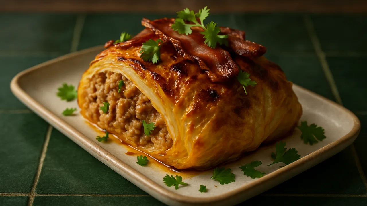 Gefüllter Weißkohl mit Speck und Kräutern (Thai-Style) aus dem Airfryer mit Weißkohl und Hackfleisch gemischt, auf …