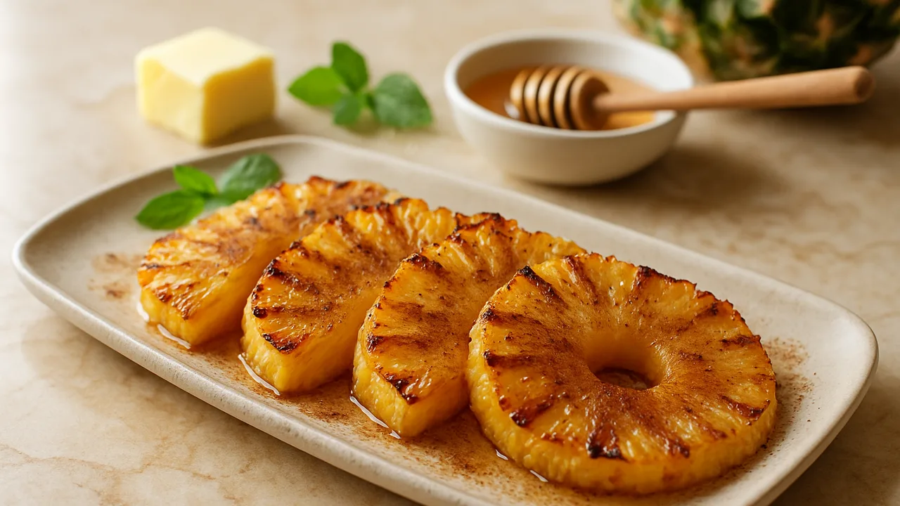 Gegrillte Ananas mit Zimt und Honig aus dem Airfryer mit Ananas und Honig, auf beigem Marmor angerichtet.