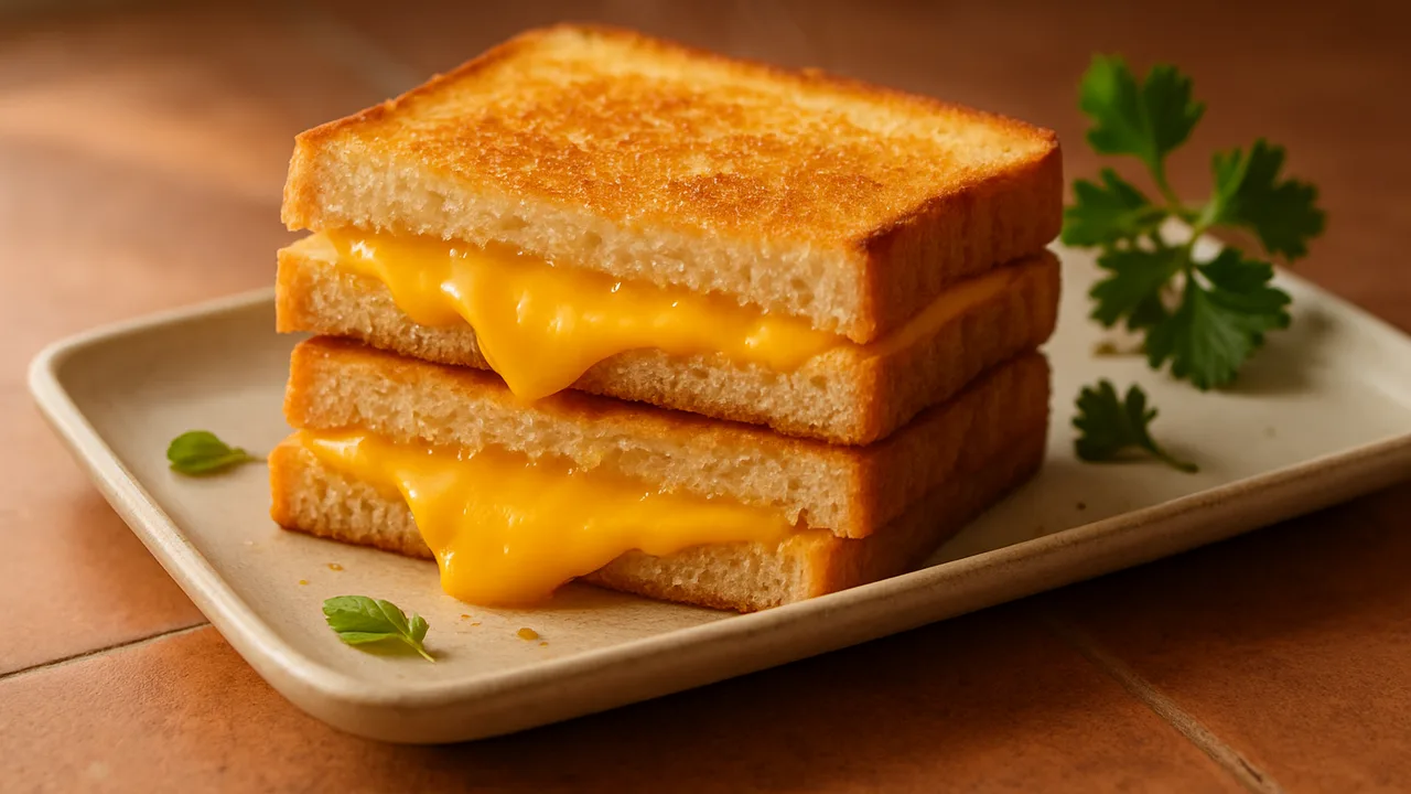 Gegrilltes Käse-Sandwich mit Cheddar aus dem Airfryer mit Toastbrot und Cheddar, auf Terracotta-Fliesen angerichtet.