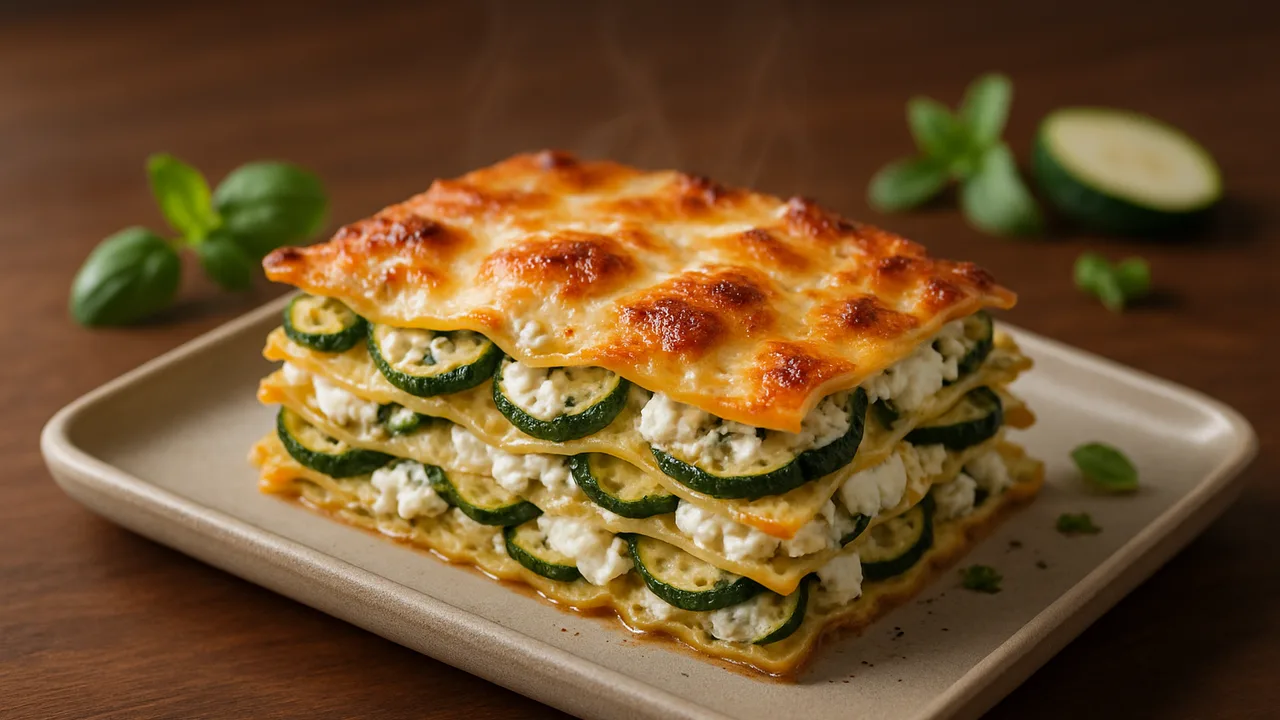 Gemüse-Lasagne mit Zucchini und Ricotta aus dem Airfryer mit Lasagneplatten und Zucchini, auf dunklem Walnussholz …