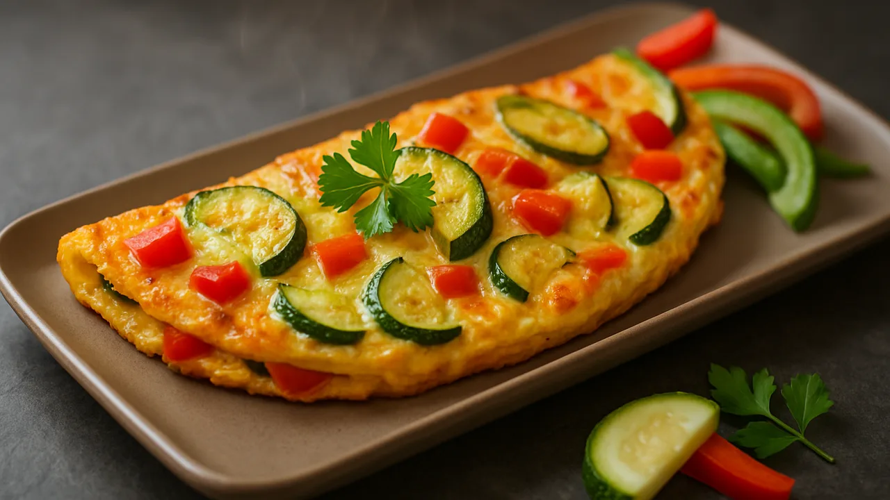 Gemüse-Omelett mit Paprika und Zucchini aus dem Airfryer mit Eier und Paprika, auf dunklem Schiefer angerichtet.