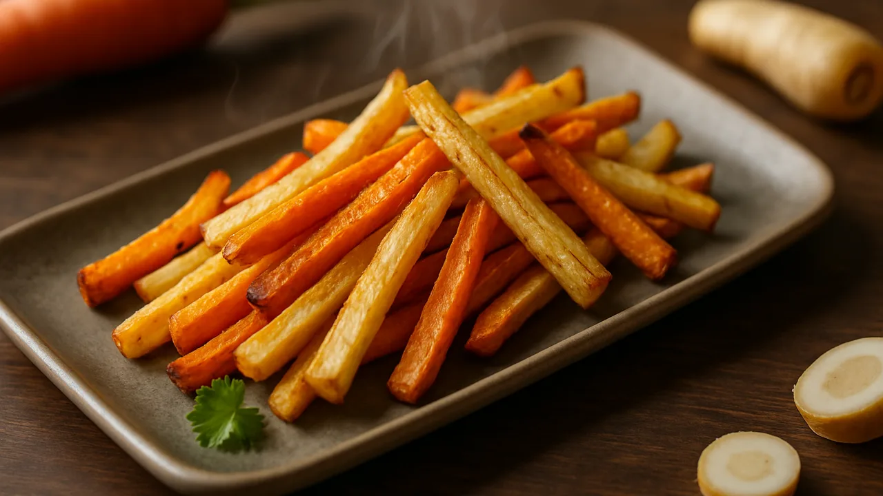 Gemüse-Pommes aus Pastinake und Karotte aus dem Airfryer mit Pastinake und Karotte, auf dunklem Walnussholz angerichtet.