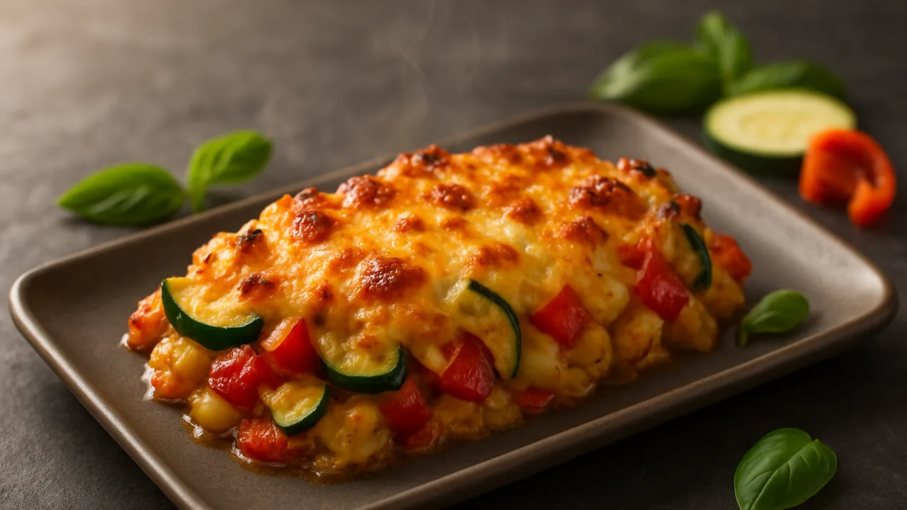 Gemüseauflauf mit Käsekruste aus dem Airfryer mit Zucchini und Paprika, auf dunklem Schiefer angerichtet.