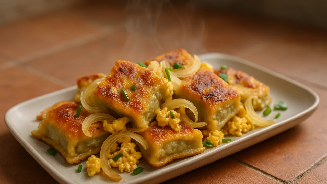 Geröstete Maultaschen mit Ei und Zwiebeln aus dem Airfryer mit Maultaschen und Zwiebeln, auf Terracotta-Fliesen angerichtet.