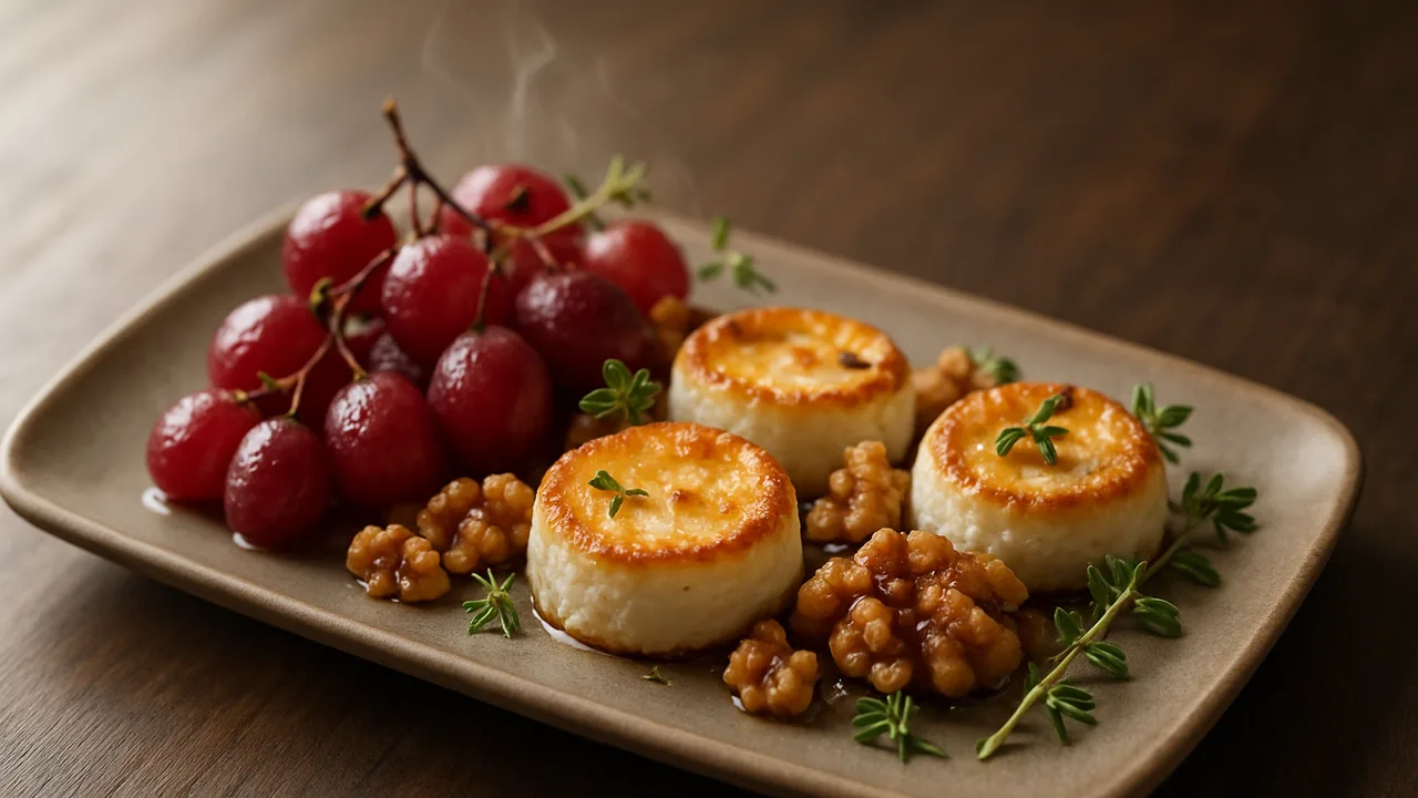 Geröstete Trauben mit Ziegenkäse aus dem Airfryer mit Trauben und Ziegenkäse, auf dunklem Walnussholz angerichtet.