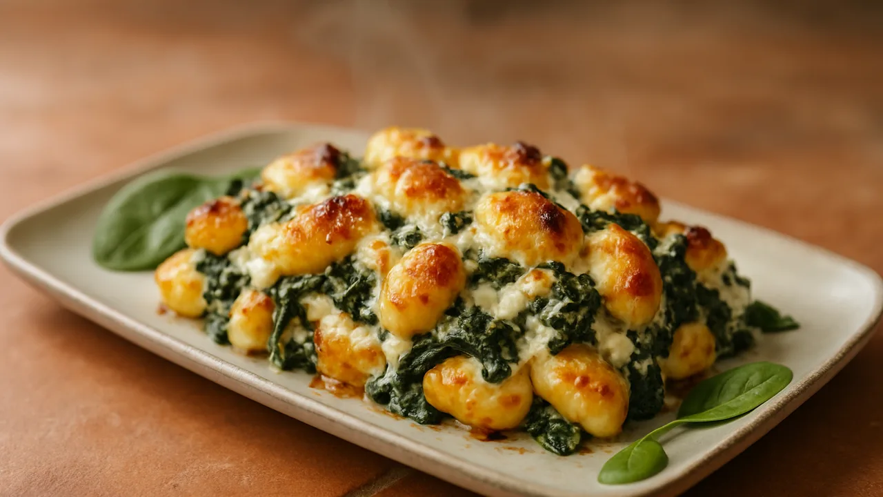 Gnocchi-Auflauf mit Spinat und Frischkäse aus dem Airfryer mit Gnocchi und Blattspinat, auf Terracotta-Fliesen angerichtet.