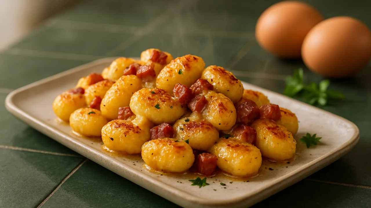 Gnocchi nach Carbonara-Art mit Speck aus dem Airfryer mit Gnocchi und Speckwürfel, auf dunkelgrünen Fliesen angerichtet.
