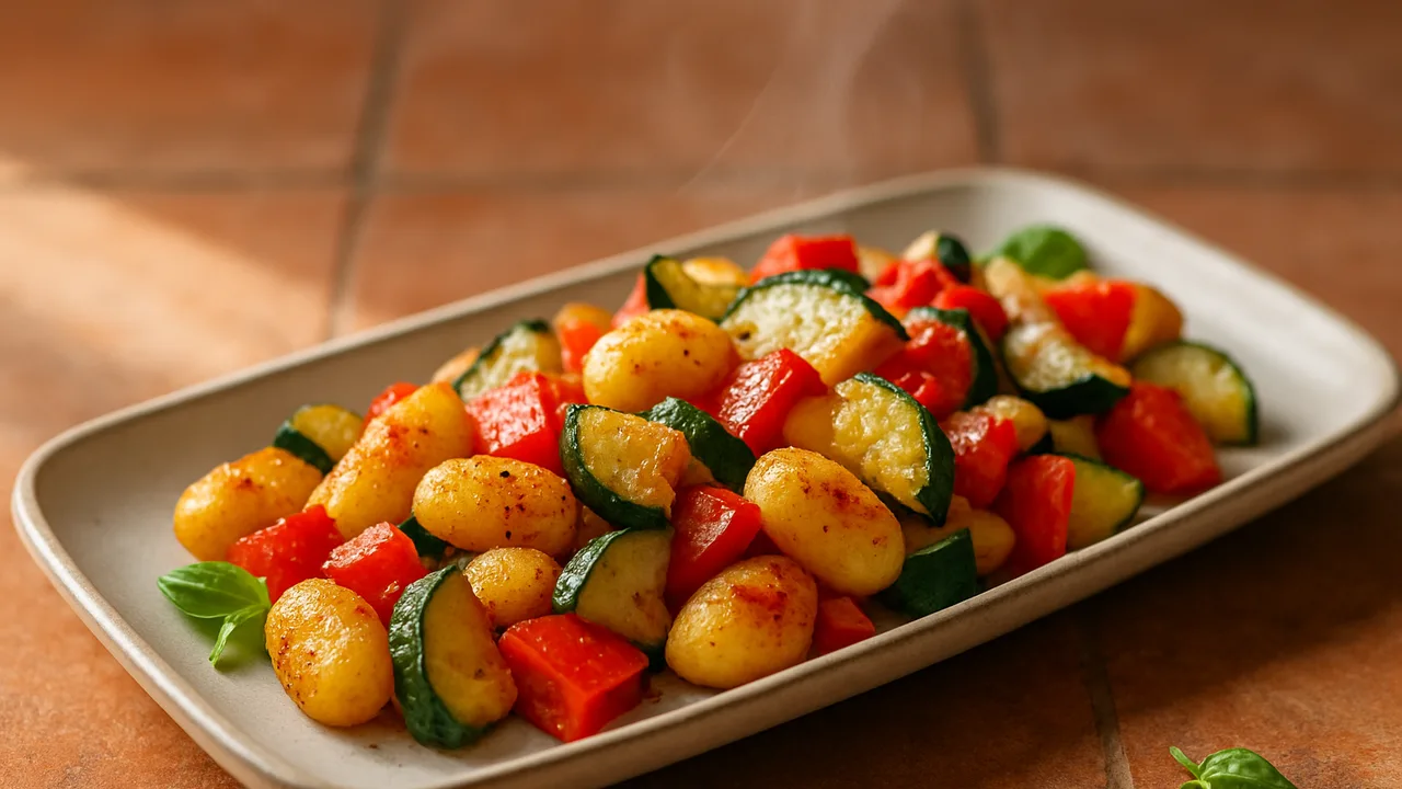 Gnocchi-Gemüse-Pfanne mit Zucchini und Paprika aus dem Airfryer mit Kartoffelgnocchi und Zucchini, auf Terracotta-Fliesen …