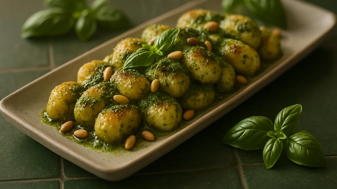 Gnocchi mit Basilikum-Pesto und Pinienkernen aus dem Airfryer mit Gnocchi und Frischer Basilikum, auf dunkelgrünen Fliesen …