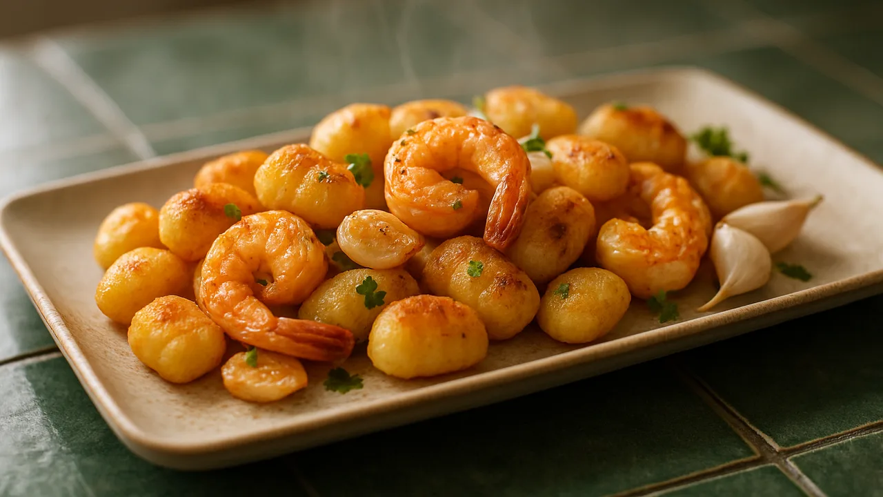 Gnocchi mit Garnelen und Knoblauch aus dem Airfryer mit Gnocchi und Garnelen, auf dunkelgrünen Fliesen angerichtet.