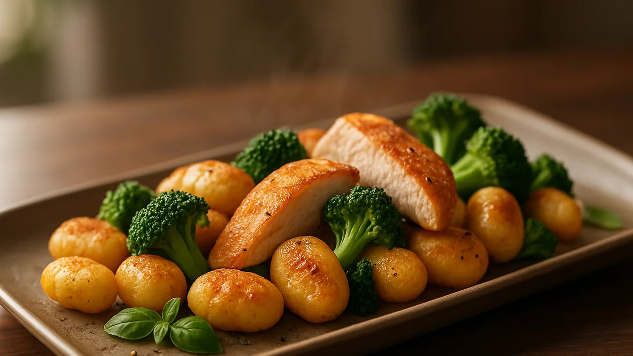 Gnocchi mit Hähnchen und Brokkoli aus dem Airfryer mit Gnocchi und Hähnchenbrust, auf dunklem Walnussholz angerichtet.