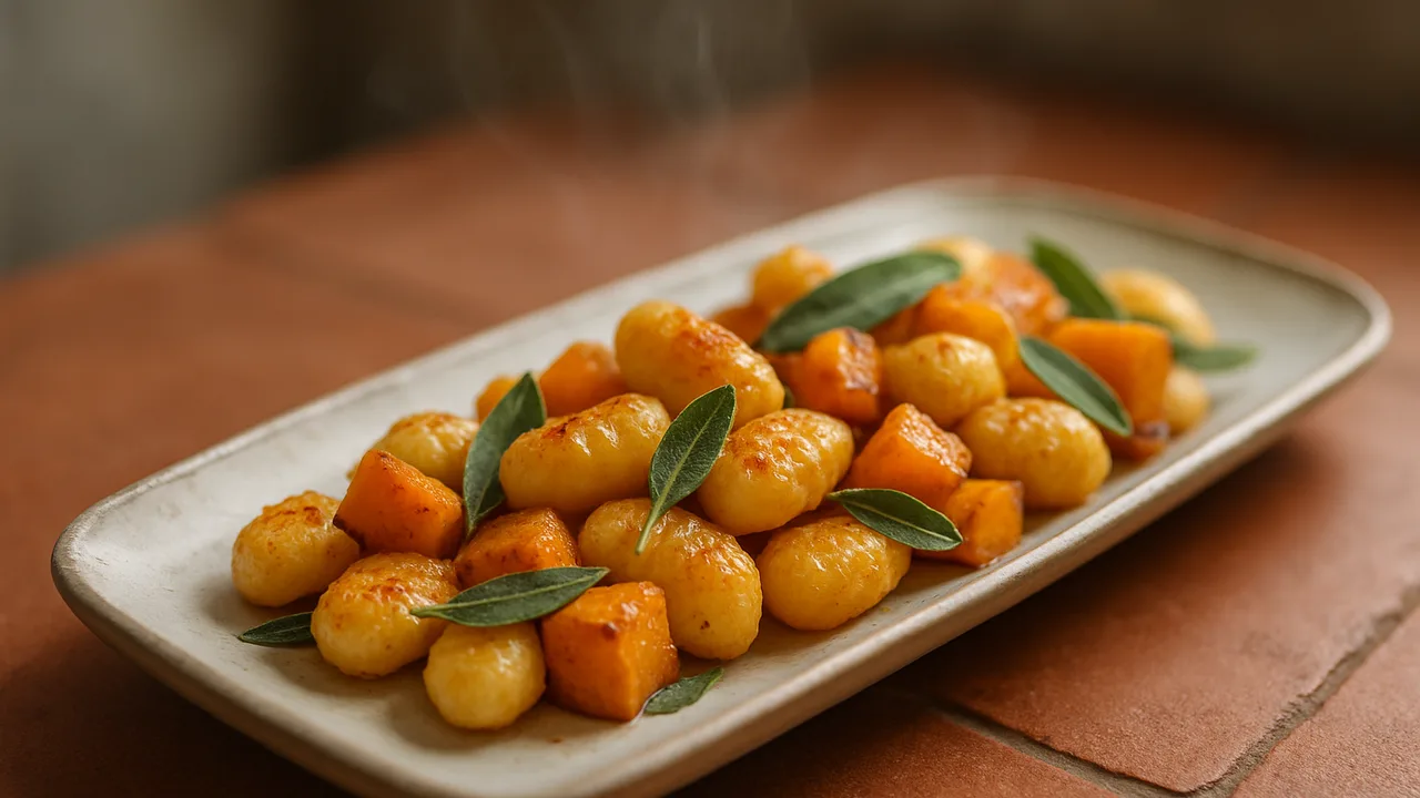 Gnocchi mit Kürbis und Salbei aus dem Airfryer mit Gnocchi und Kürbis, auf Terracotta-Fliesen angerichtet.