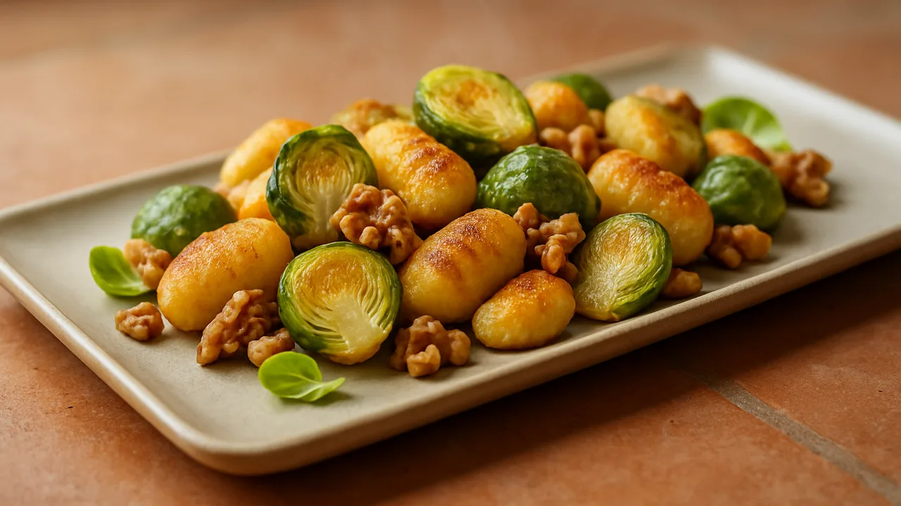 Gnocchi mit Rosenkohl und Walnüssen aus dem Airfryer mit Gnocchi und Rosenkohl, auf Terracotta-Fliesen angerichtet.