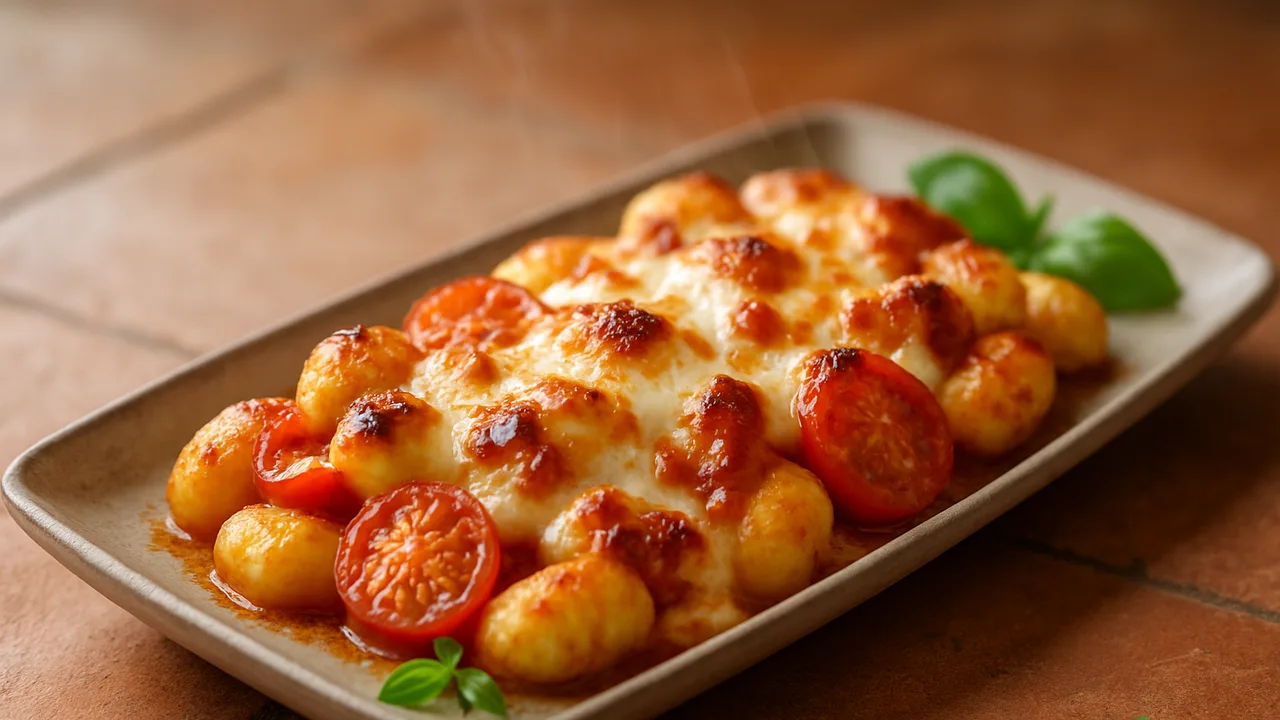 Gnocchi mit Tomaten und Mozzarella überbacken aus dem Airfryer mit Gnocchi (vorgekocht) und Tomaten, auf Terracotta-Fliesen …