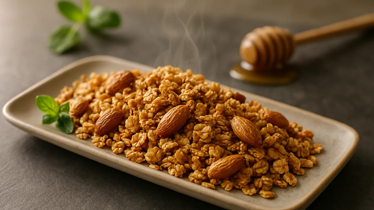 Granola selber machen im Airfryer mit Haferflocken und Mandeln, auf dunklem Schiefer angerichtet.
