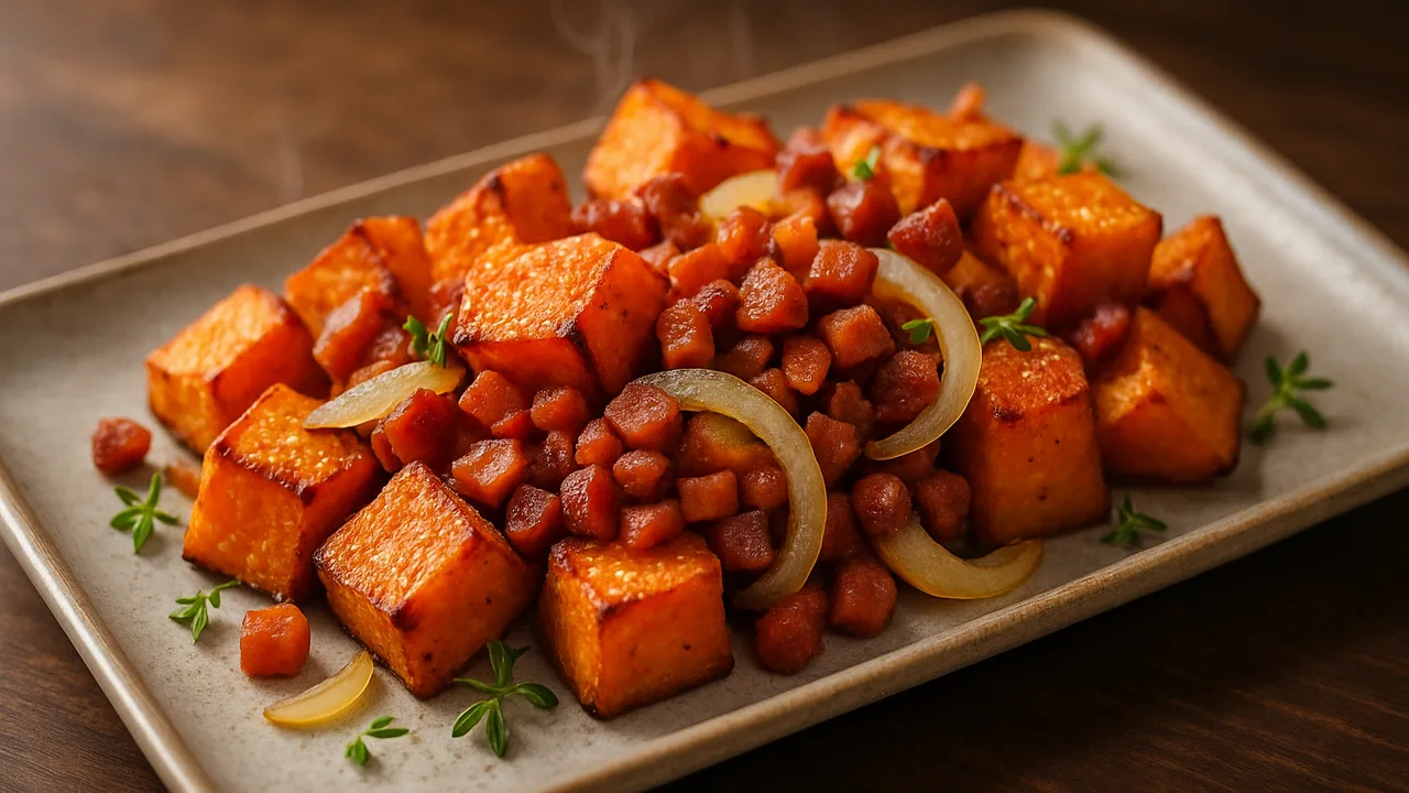 Griechisch Speck mit Süßkartoffel aus dem Airfryer mit Süßkartoffel und Speckwürfel, auf dunklem Walnussholz angerichtet.