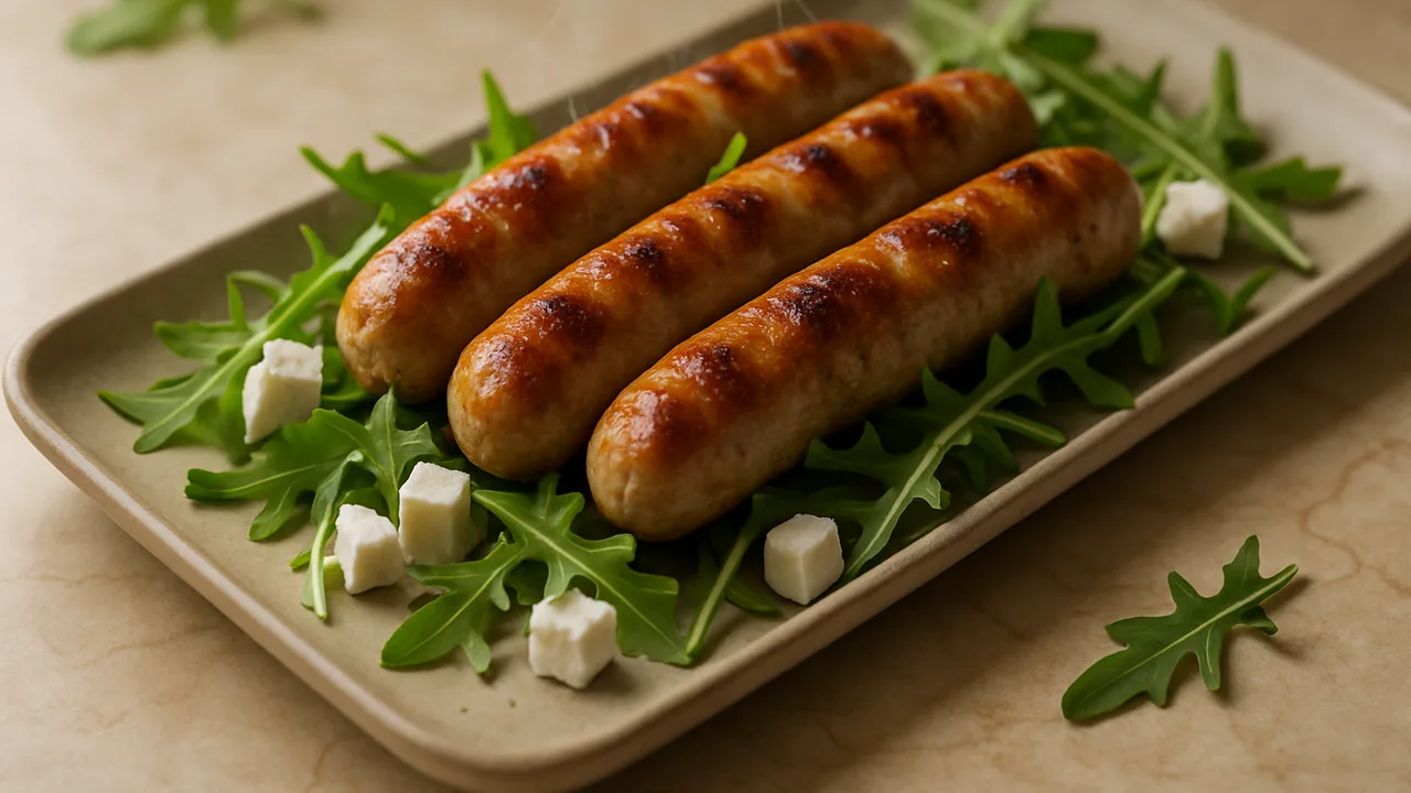Griechische Bratwurst mit Rucola aus dem Airfryer mit Bratwürste und Feta, auf beigem Marmor angerichtet.
