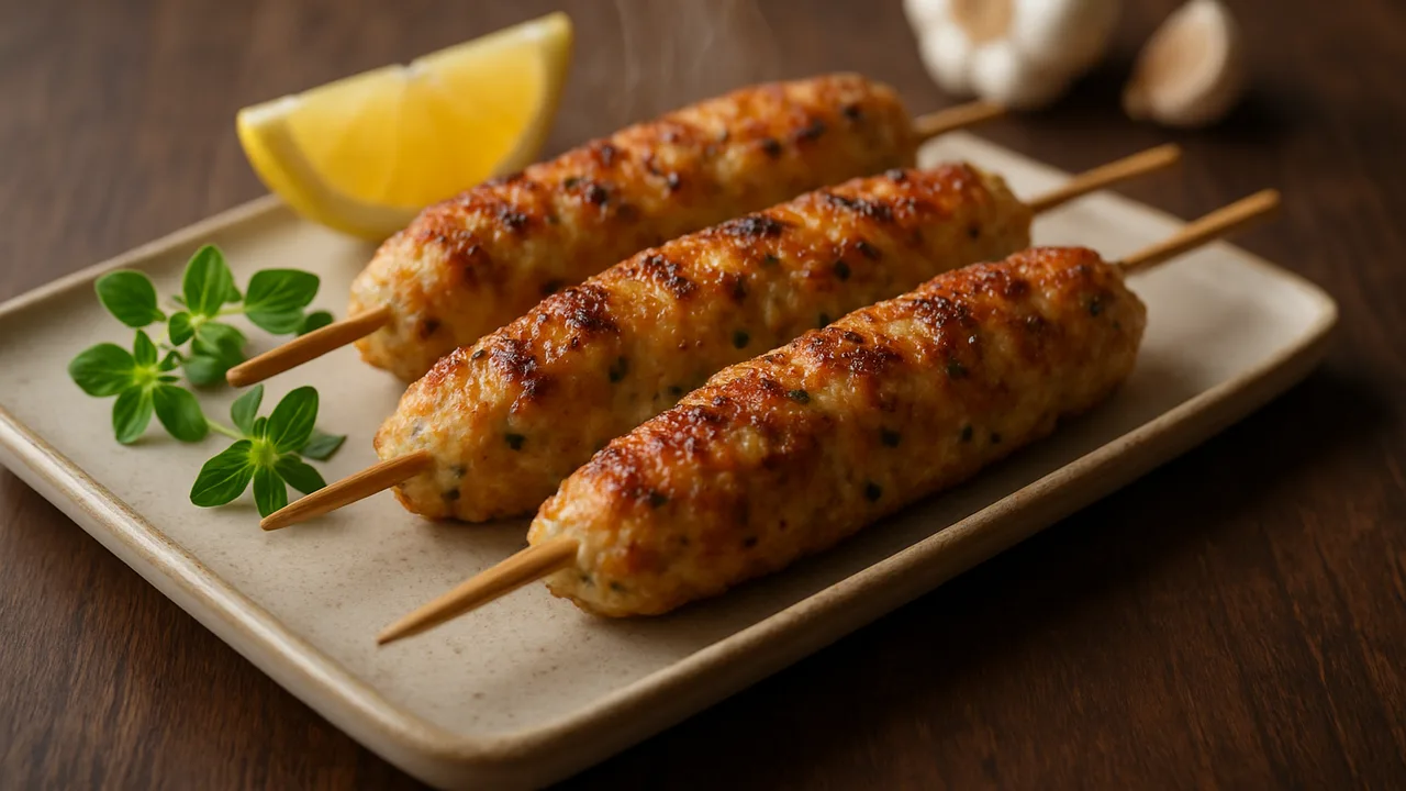 Griechische Geflügelhackfleisch-Spieße aus dem Airfryer mit Hähnchenhackfleisch und Zwiebel, auf dunklem Walnussholz …