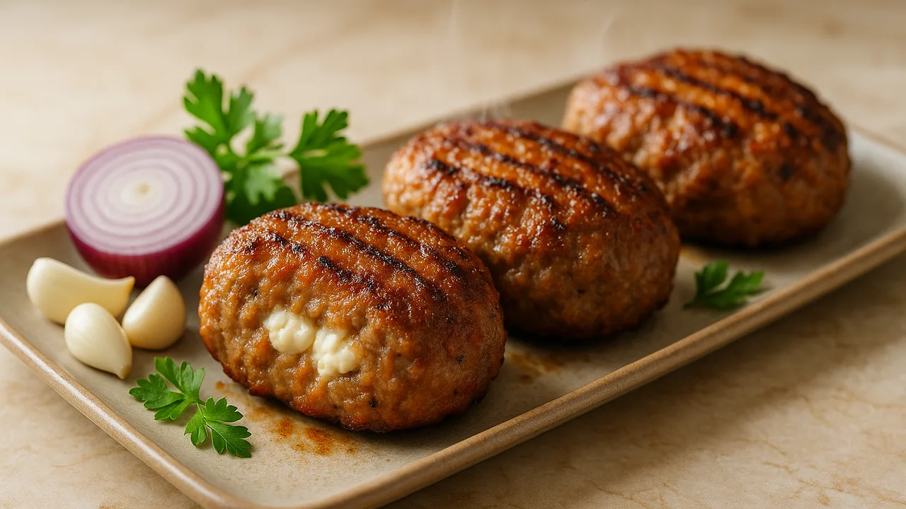 Griechische Rinderhack-Bifteki mit Feta und Zwiebeln aus dem Airfryer mit Rinderhackfleisch und Zwiebel, auf beigem Marmor …