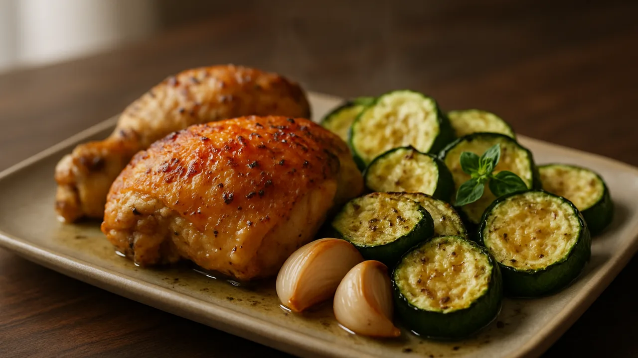 Griechische Hähnchenschenkel mit Zucchini aus dem Airfryer mit Hähnchenschenkel und Zucchini, auf dunklem Walnussholz …