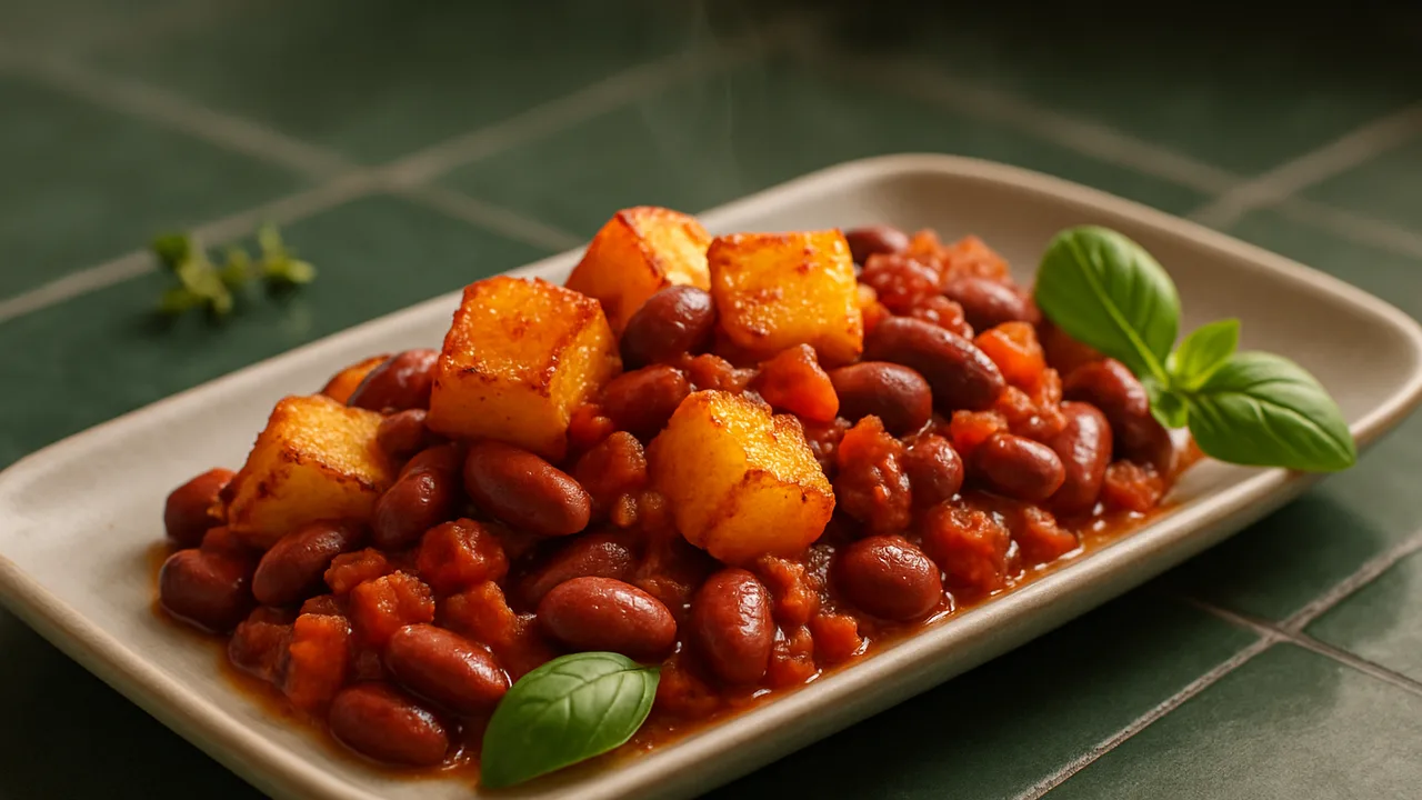 Griechische Kidneybohnen mit Steckrübe aus dem Airfryer mit Steckrübe und Kidneybohnen, auf dunkelgrünen Fliesen angerichtet.