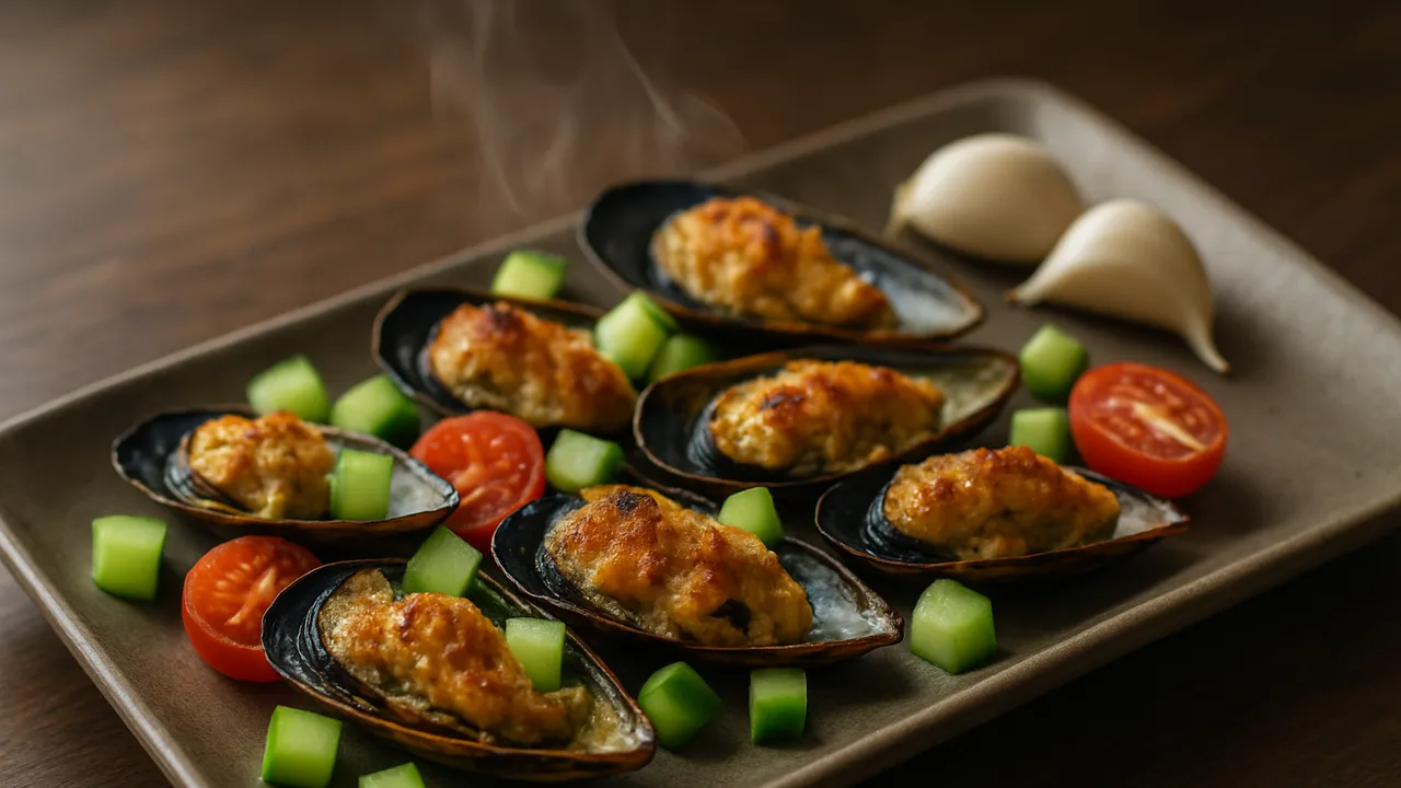 Griechische Miesmuscheln mit Gurke aus dem Airfryer mit Miesmuscheln, gekocht und Tomaten, auf dunklem Walnussholz …