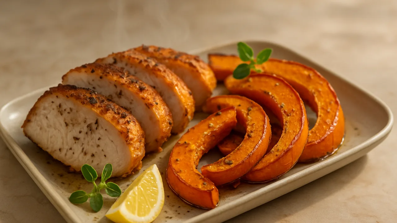Griechische Putenbrust mit Kürbis aus dem Airfryer mit Putenbrust und Hokkaido-Kürbis, auf beigem Marmor angerichtet.