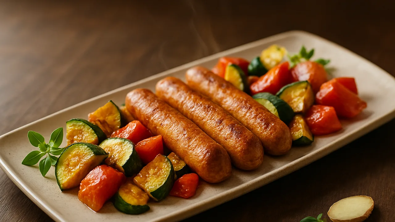 Griechische Wiener Würstchen mit Ingwer aus dem Airfryer mit Wiener Würstchen und Zucchini, auf dunklem Walnussholz …