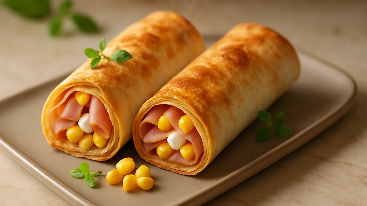 Griechischer Schinken-Wrap mit Mais aus dem Airfryer mit Tortilla-Wraps und Schinken, auf beigem Marmor angerichtet.