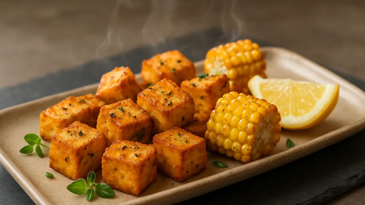 Griechischer Tofu mit Mais aus dem Airfryer mit Tofu und Maiskolben-Stücke, auf dunklem Schiefer angerichtet.