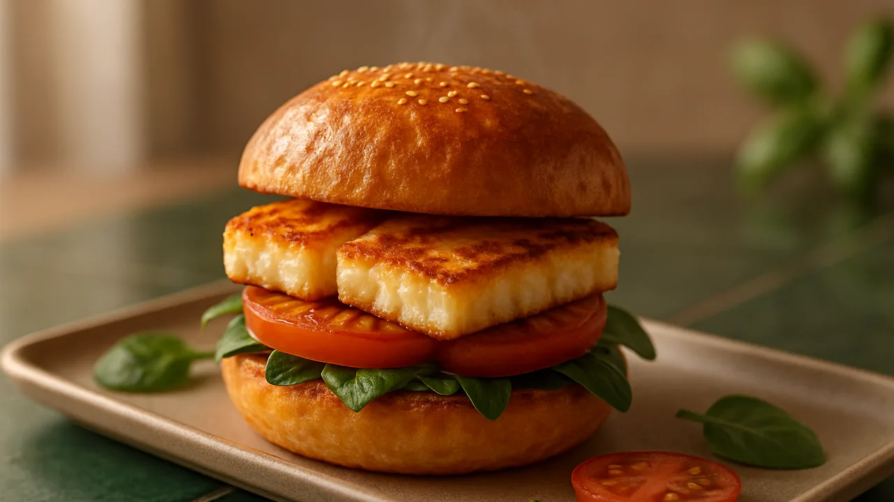 Grillkäse-Burger mit Halloumi aus dem Airfryer mit Halloumi und Burger-Brötchen, auf dunkelgrünen Fliesen angerichtet.