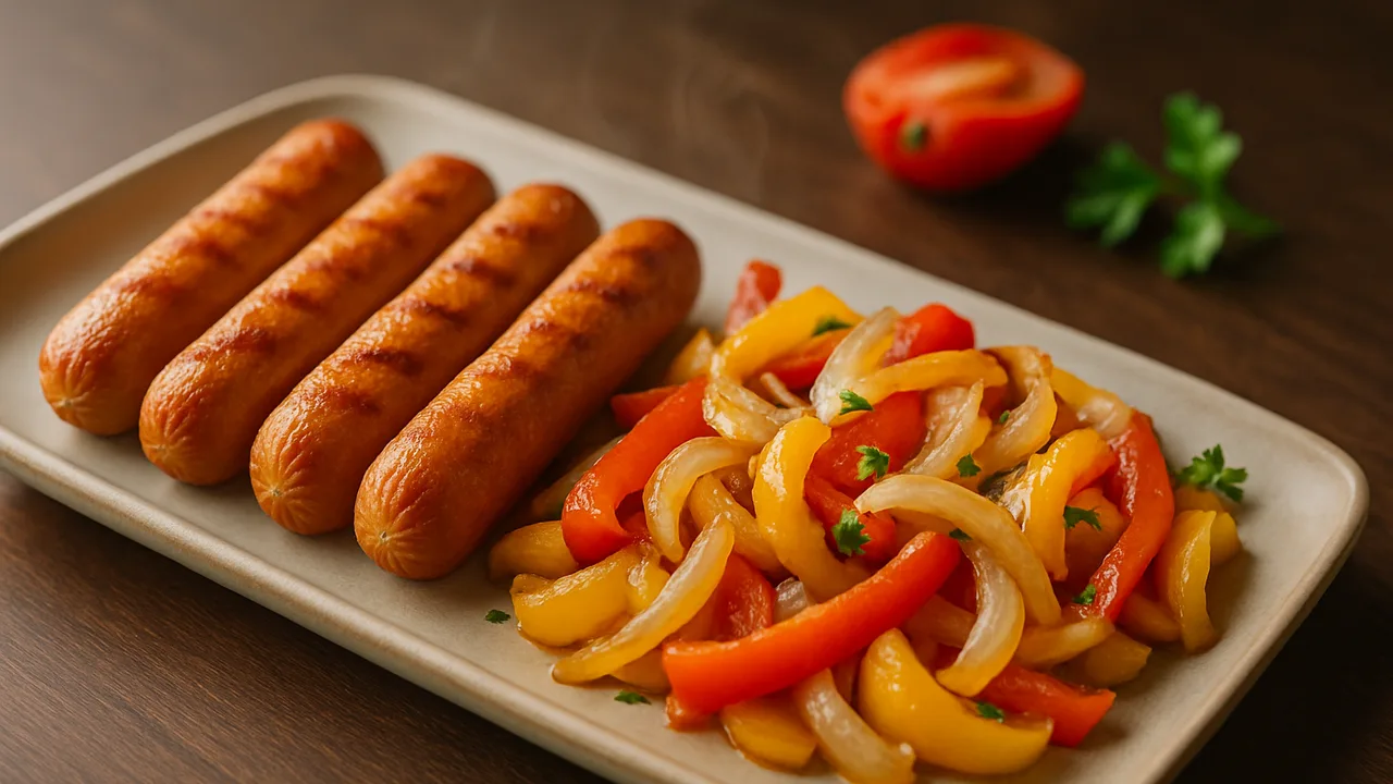 Grillwürstchen mit Paprika-Zwiebel-Gemüse in zwei Zonen aus dem Airfryer mit Wiener Würstchen und Paprika, auf dunklem …