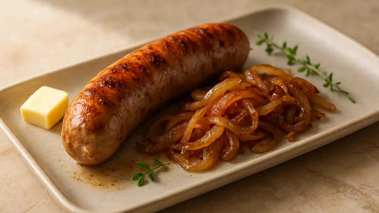 Grobe Bratwurst mit karamellisierten Zwiebeln aus dem Airfryer mit Grobe Bratwurst und Zwiebeln, auf beigem Marmor …